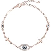 Blue Evil Eyes Link Bracelet, Evil Eye Earrings, S925 Sterling Silver Dainty Cubic Zirconia Adjustable Link Lobster Claw Clasp Chain Jewelry