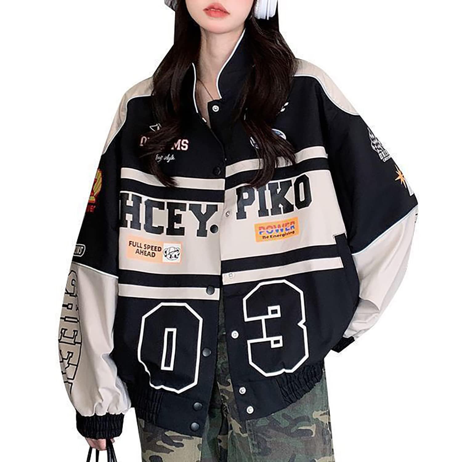 Photo 1 of Varsity Jacket for Women Patchwork Long Sleeve Racing Bomber Letterman Jackets Color Block Y2k Vintage Streetwear (Black,S)
