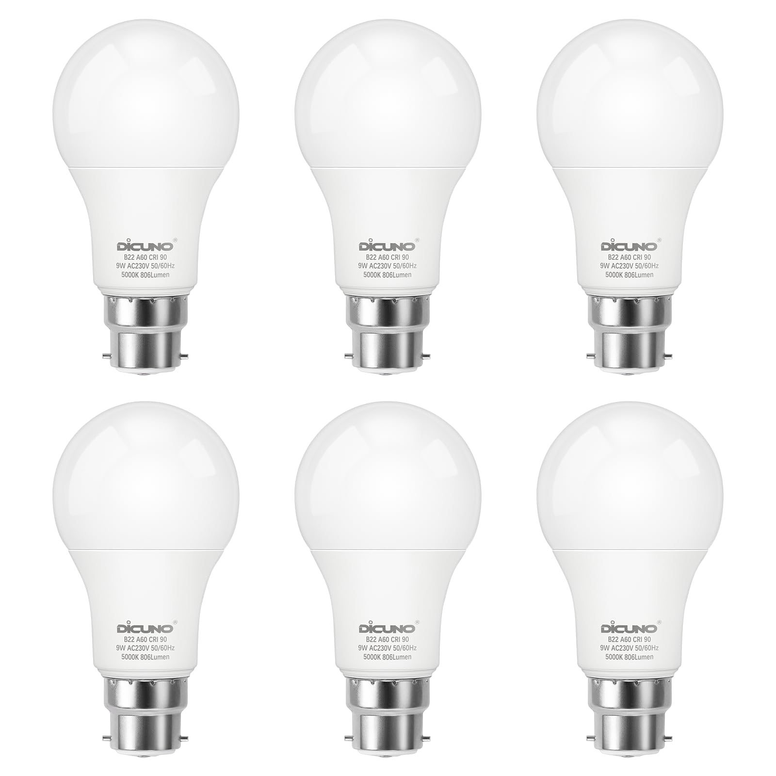 DiCUNO Bayonet Light Bulb, 60W Equivalent, Daylight White 5000K, 9W 806LM B22 LED Bulb, BC A60 Energy Saving Lightbulbs, CRI90, Non-dimmable, 6Pcs