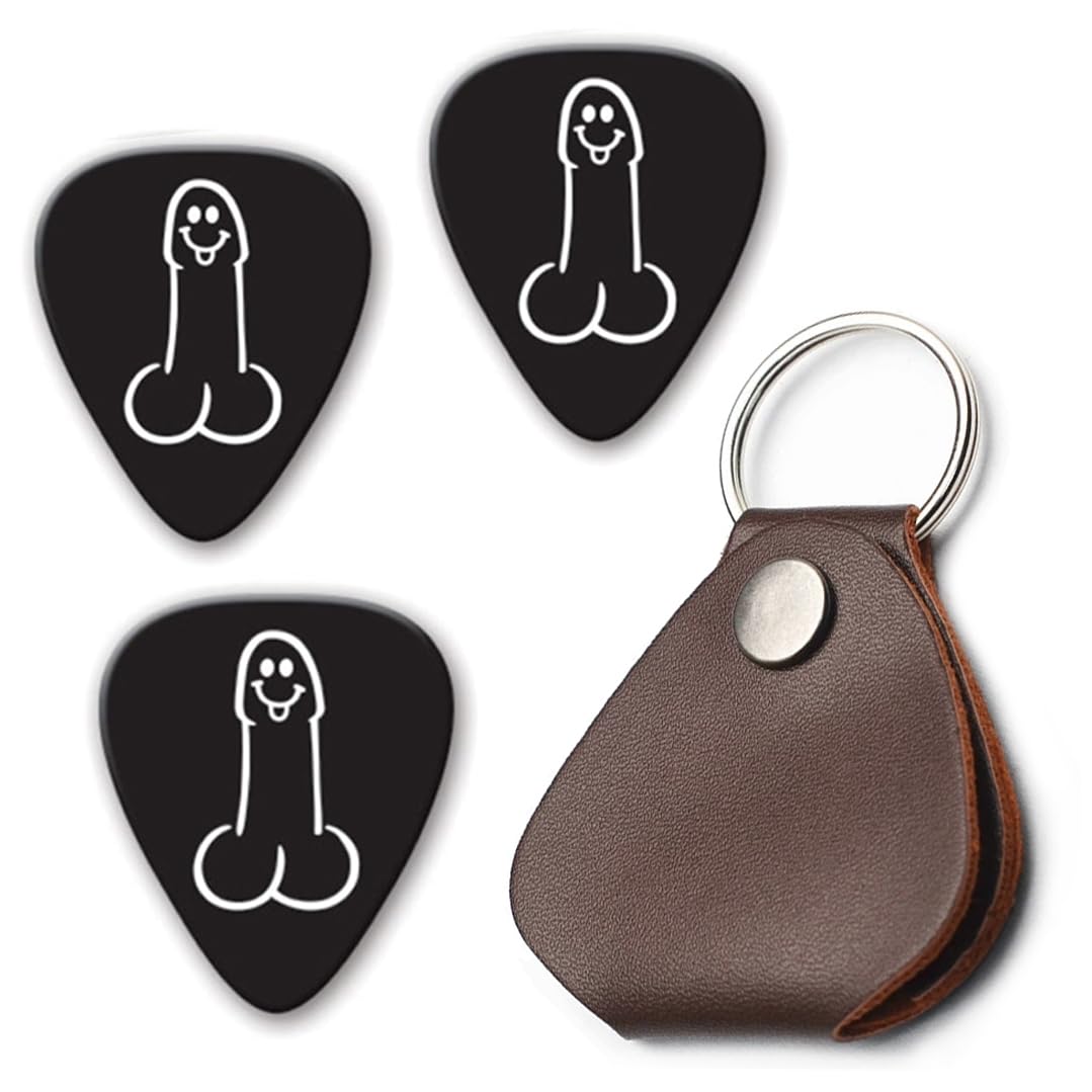 Pack of 3 DickPicks with Genuine Leather Plectrum Holder Keyring - Choose between Floppy, Semi or Stiffy (Stiffy)