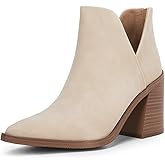 Kathemoi Womens Slip on Ankle Boots V Cutout Pointed Toe Chunky Stacked Mid Heel Booties