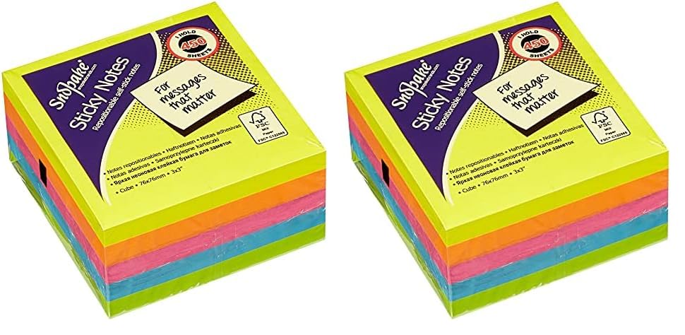 Snopake 76 x 76 mm Neon Assorted Sticky Notes [Cube of 450 Sheets] 11702, Neon/Assorted Colours (Pack of 2)