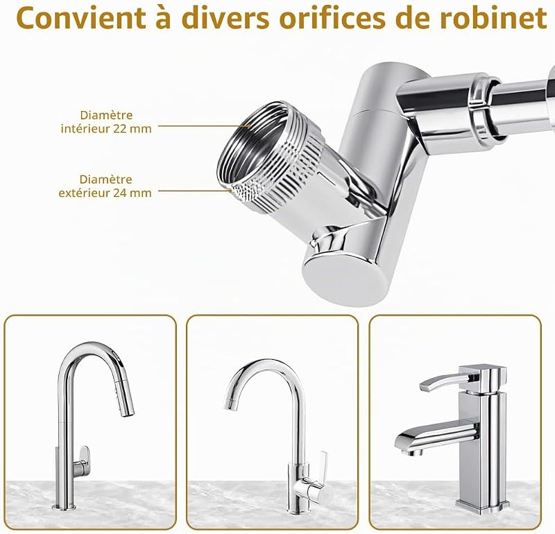 Embout de robinet rotatif, rallonge de robinet multifonction rotatif à 1440 °, avec 2 adaptateurs réglables, rallonge de robinet pour salle de bain et cuisine — photo 7 sur 7