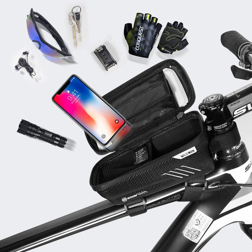 Option Bike Frame Bag, Waterproof Bike Pouch Bag, Cycling Front Top Tube Touchscreen Sun Visor Storage Bag for iPhone 8 Plus/X/XS Max/XR/Samsung S8/S9 Plus up to 6.6 Inch(Black)
