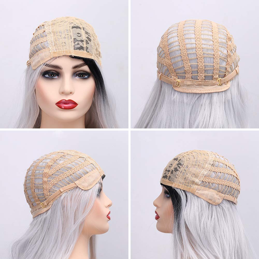 Women Long Curly Wig Silver Gray Ombre wigs Dark Roots Synthetic Heat Resistant Fiber Hair Full Wigs with Free Wig Cap
