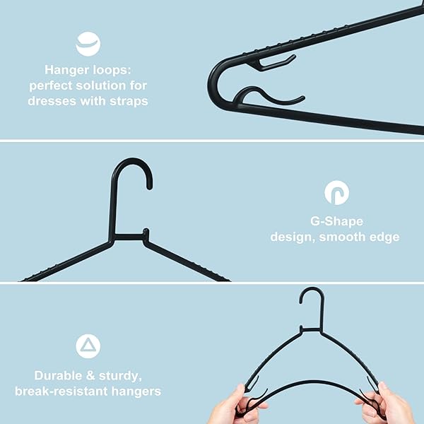 BYOMOSTOR BLACK PLASTIC HANGERS 50 PACK, LIGHT WEIGHT DURABLE CLOTHES HANGERS G-SHAPE STANDARD SIZE NON-SLIP COAT HANGER ADULT CLOTHES HANGERS FOR LAUNDRY & EVERYDAY USE -SLIM & SPACE SAVING