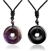 Jovivi 30mm Circle Donut Healing Crystals Necklace for Women Men | Natural Semi-Precious Gemstone Stone Amulet Lucky Coin Donuts Protection Reiki Chakra Pendant Necklace Adjustable Rope
