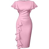 Memoriesea Women's Vintage Church Ruffle Sleeve Ruched Bodycon Work Midi Pencil Dress