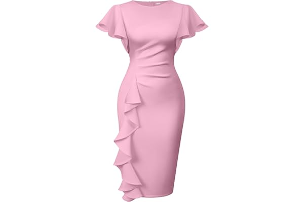 Memoriesea Women's Vintage Church Ruffle Sleeve Ruched Bodycon Work Midi Pencil Dress