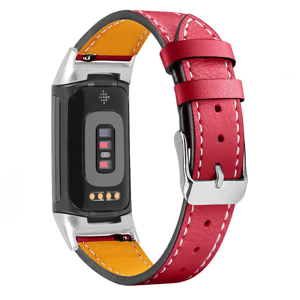 Gimuk Compatible with Fitbit Charge 5 Strap for Women Men, Genuine Leather Adjustable Sports Strap Replacement Wristband for Charge 5 Tracker Small Large (Red) — image 1