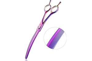 PURPLEBIRD 7 Inch Downward Curved Dog Grooming Scissors Thinning Texturizing Shears Professional Safety Blunt Tip Trimming Shearing for Dogs Cats Face Paws Limbs Japanese Stainless Steel Purple
