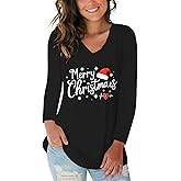 Tobrief Women's Long Sleeve V-Neck Shirts Fall Graphic Tees Loose Casual T-Shirt