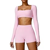 ABOCIW Workout Sets for Women 2 Piece Square Neck Long Sleeve Crop Tops High Waist Biker Shorts Gym Sets