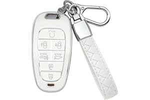 Kespevn for Hyundai Key Fob Cover 7 Button with Leather Keychain Soft TPU 360 Degree Protection Car Key Case Shell Holder Fits for 2023 2022 2021 2020 Hyundai Sonata Santa fe Tucson, White