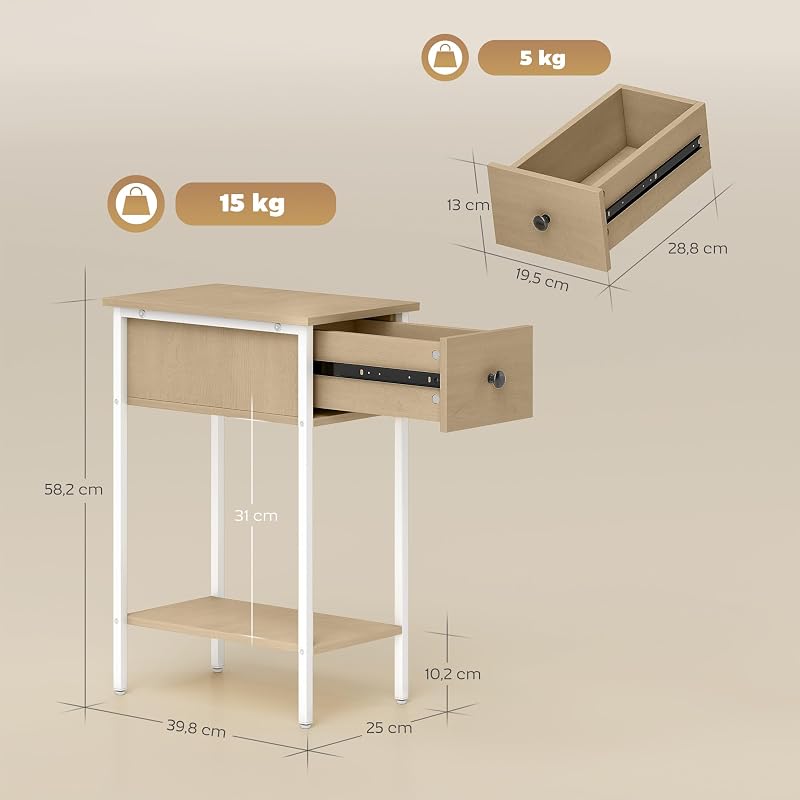 Mesa lateral industrial estreita com gaveta 25x39,8x58,2 cm Natural