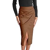 Ezcosplay Womens Faux Leather Midi Skirt High Waisted Wrap Ruched Front Slit Zip Back Bodycon Skirts