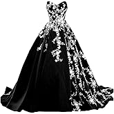 Kivary White Lace Long Ball Gown Satin V Neck Formal Prom Evening Dresses Gothic