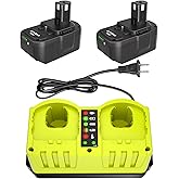 Ziment 18v Battery and Charger, 2Pack 7.0Ah Replacement for Ryobi 18V Batteries and 2Port P117 Charger Combo Compatible for Ryobi ONE+ Battery P100 P102 P103 P105 P107 P108 P118