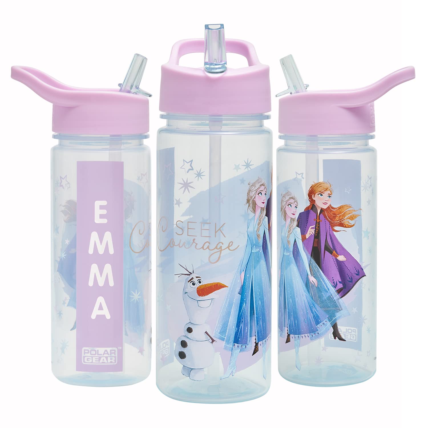 Disney Frozen Magic Personalised Sticker Water Bottle with Straw 500ml โ Official Merchandise by Polar Gear, Kids Reusable Non Spill BPA Free Tritan โ Ideal For School Nursery Sports Picnic