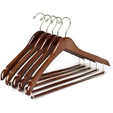 10 Quality Hangers Curved Wooden Hangers Beautiful Sturdy Suit Coat Hangers with Locking Bar Gold Hooks Walnut Finish (10)