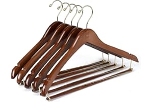 10 Quality Hangers Curved Wooden Hangers Beautiful Sturdy Suit Coat Hangers with Locking Bar Gold Hooks Walnut Finish (10)