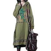 YESNO Women Long Casual Hooded Sweatshirt Dress Ethnic Floral Print Color Block Hemline with Pockets JFD