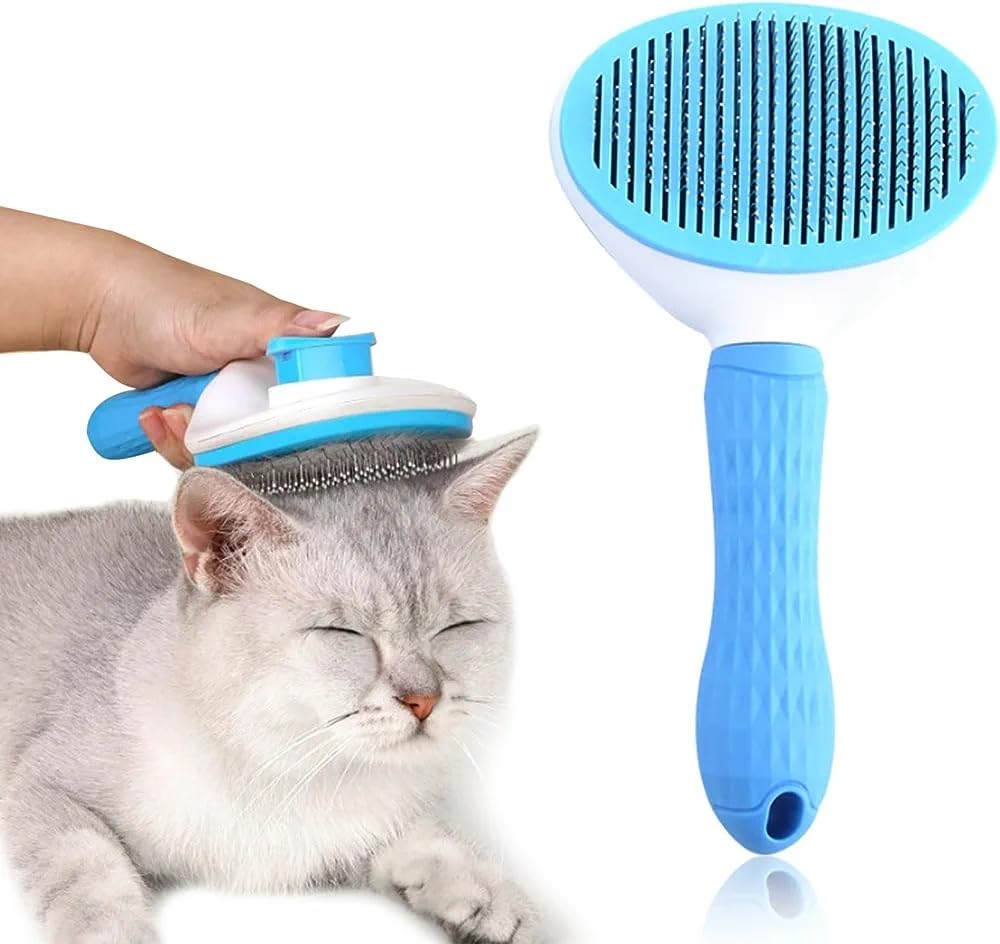 Self-Cleaning Cat and Dog Slicker Brush - Grooming Comb With Smooth Handle, Pet Grooming Tool With Cleaning Button for Shedding and Massage (BLUE)