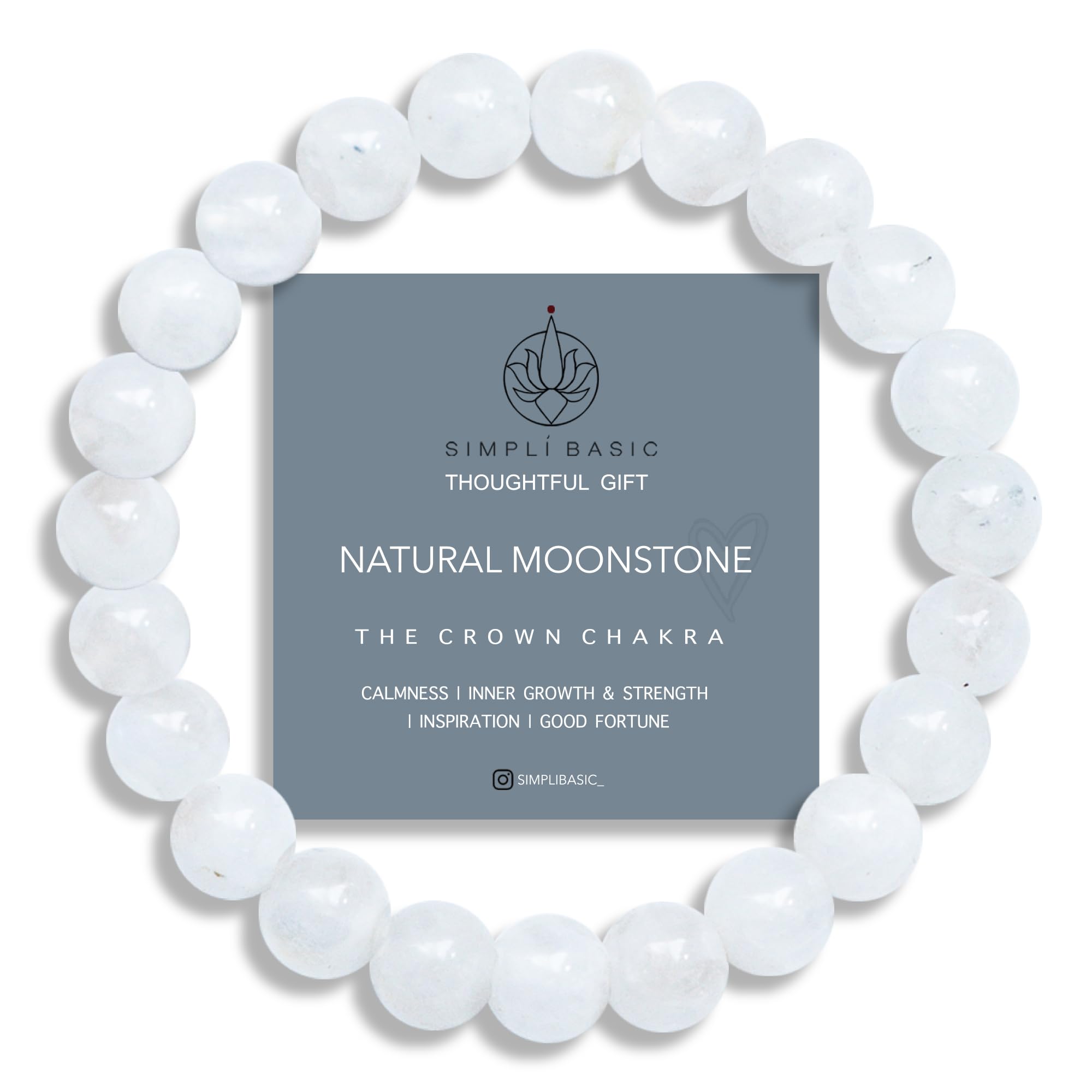 SIMPLÍ BASIC Natural Moonstone Healing Bracelet – 8mm Gemstone Beads | Calming Stress Relief for Women & Men | Inner Peace & Inspiration with Luxury Gift Box| Valentine's Day Gift for Women