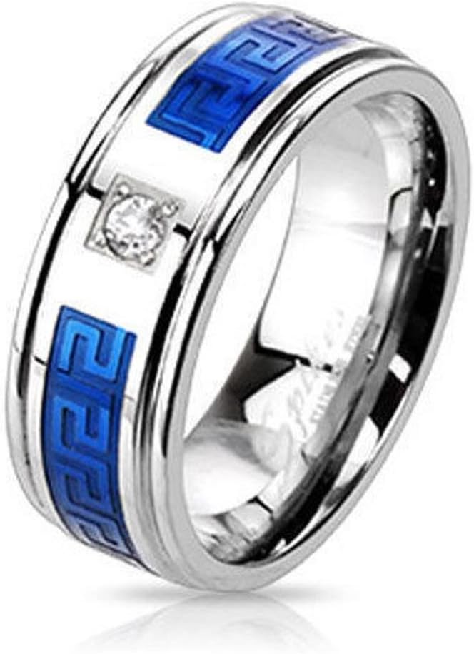 Vooxoo Fashion Design 316L Stainless Steel Blue Greek Key 0.15 Carat Cz Band Ring Size 9-13