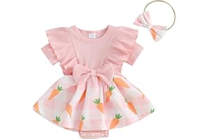 Madjtlqy Baby Girl Easter Outfit Ruffles Sleeve Bunny Carrot Printed Romper Dress with Headband Summer Clothes