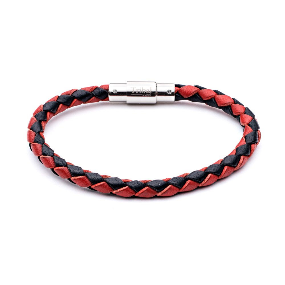 Tribal Steel Tk004_blk_rd 17cm Children's Black & Red Plaited Leather Bracelet with Stainless Steel Magnetic Clasp