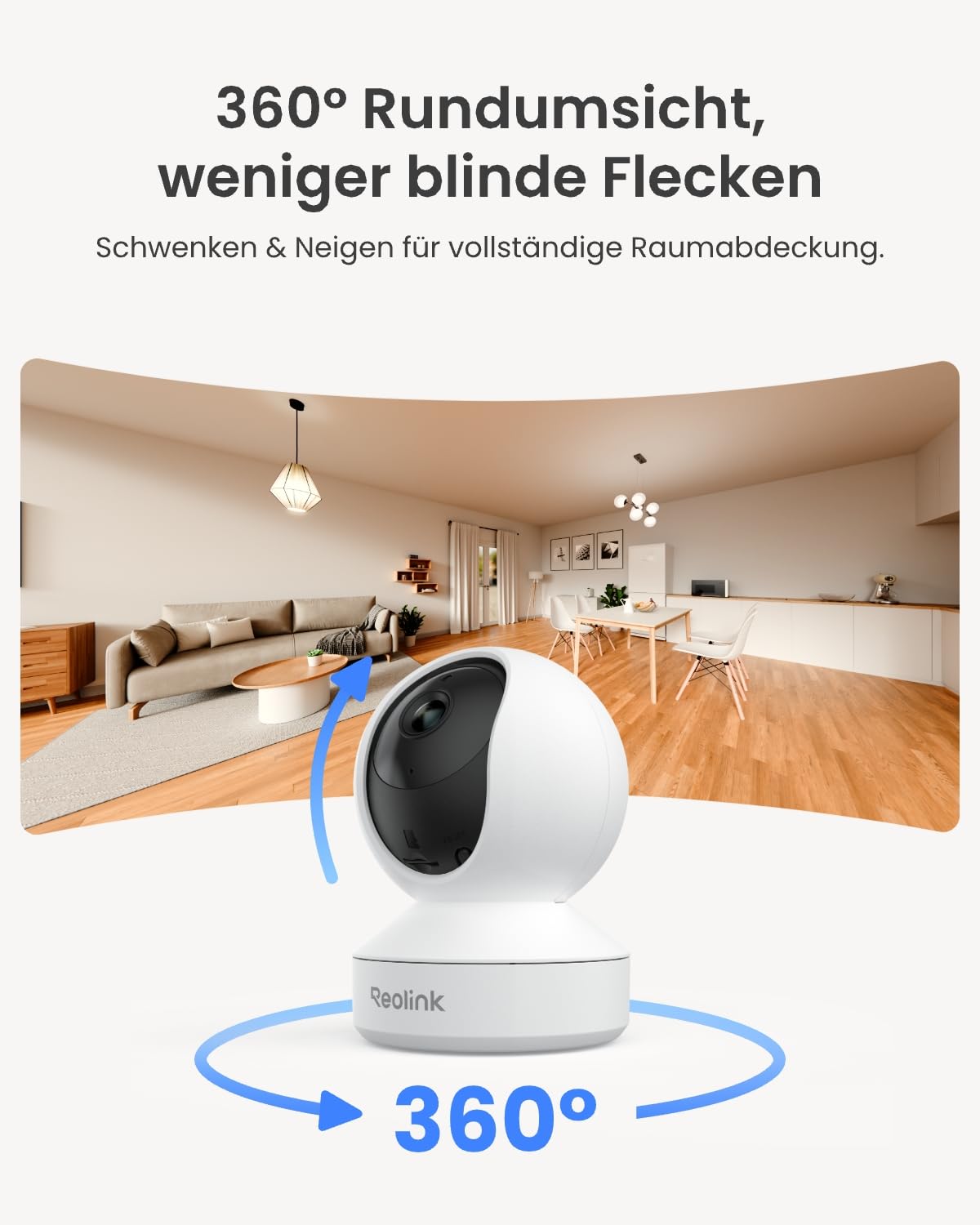 Reolink 2K Überwachungskamera Innen, 360°-Ansicht Indoor Kamera WLAN mit Auto-Tracking, Baby Monitor mit Personen-/Tier-/Weinen-Erkennung, 2,4 GHz Wi-Fi, Privatmodus, 2-Wege-Audio, E1 4MP 5