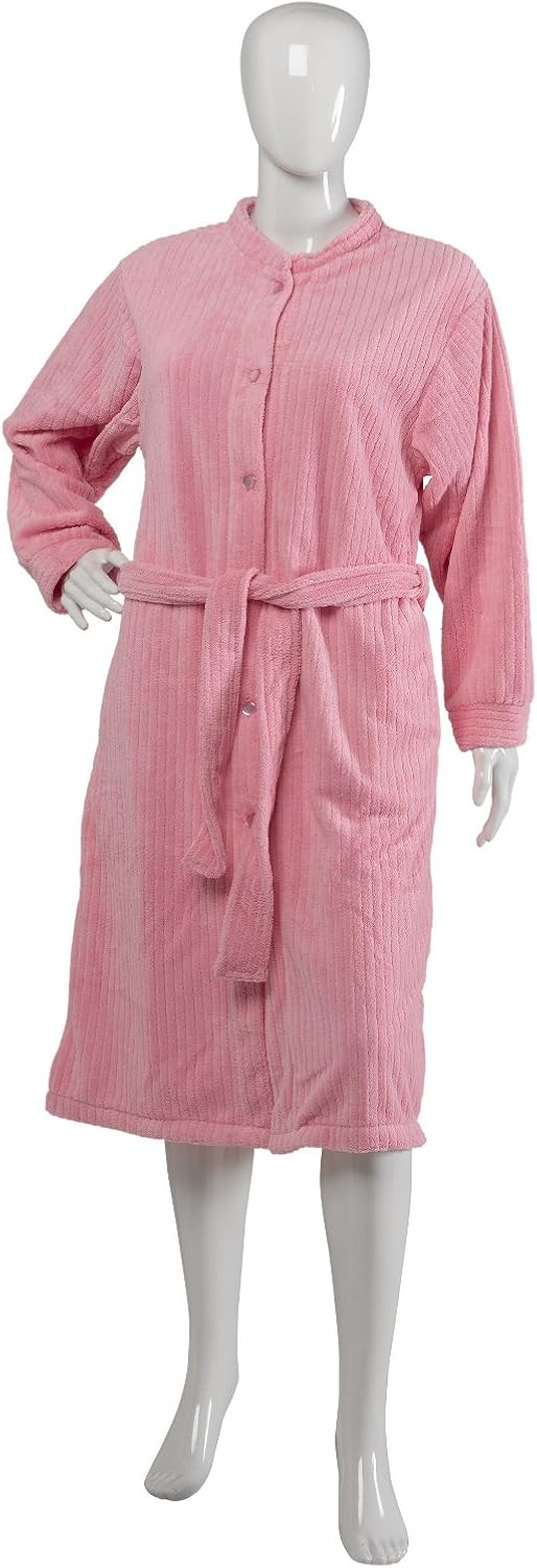 Ladies Luxury Ribbed Effect Fleece Dressing Gown Button Up House Coat