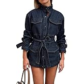 Wuitrie Denim Jacket for Women Button Long Sleeve Tie Streetwear Loose Casual Jean Jacket Fall Coats with Big Pockets