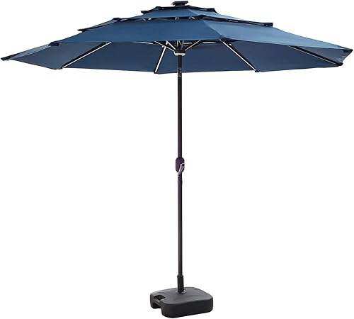 Amazon Com Festival Depot Patio 3 Tiers Umbrella With Aluminum Tilt Crank Center Light 8 Solar Powered Led Lights Bars Square Weights Plate Water Filled Stand Black Base 9 8 Ft Patio Umbrella