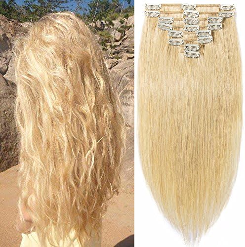 S-noilite Natural Blonde Clip in Hair Extensions Real Human Hair 8 Pieces 18 Clips 90g Full Head Clip on Human Hair Extension Thick Straight For Women (16inch, 24)