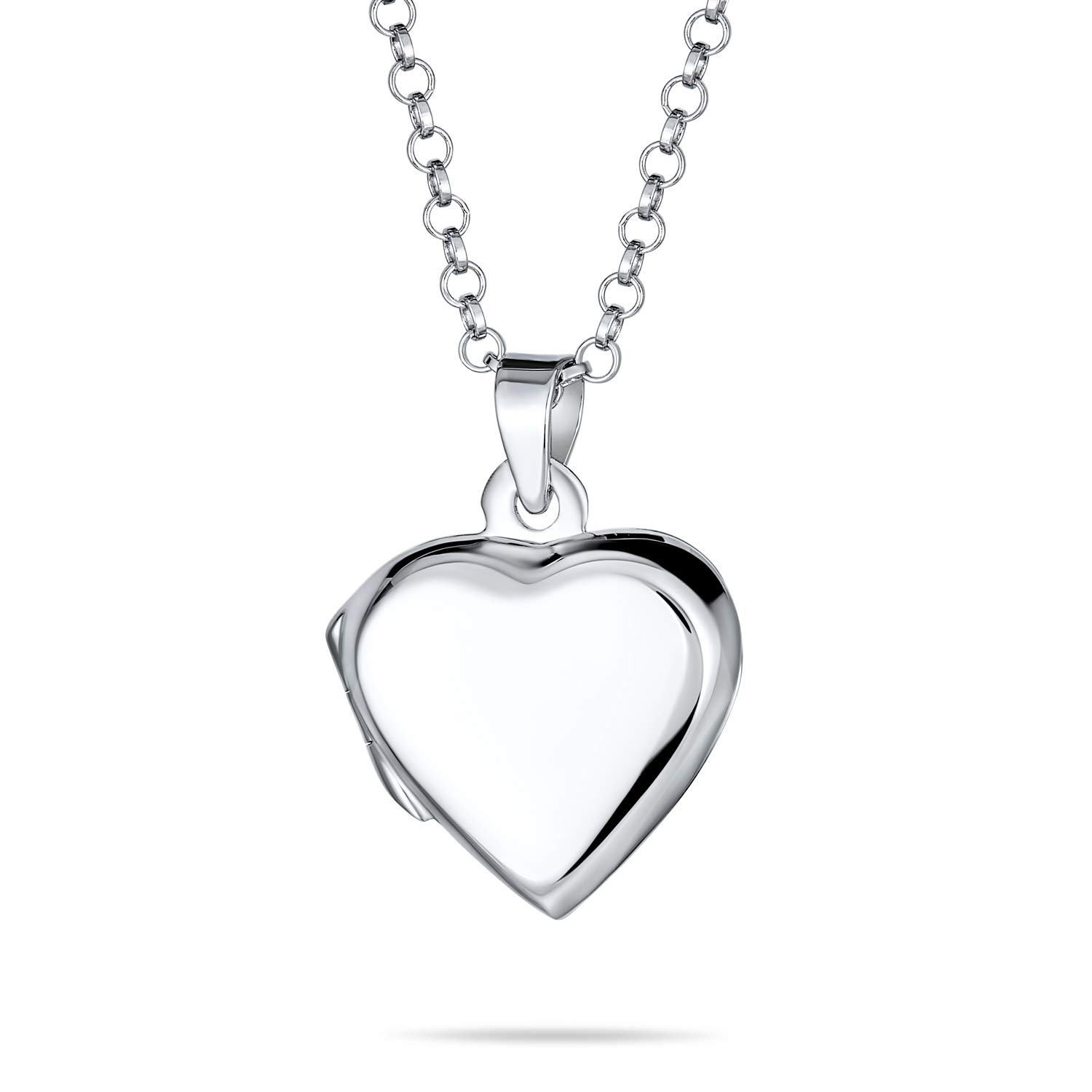 Bling Jewelry Personalized Engrave Delicate Simple Plain Traditional Keepsake Flat Heart Shaped Photo Locket For Women Teens Holds Photos Pictures .925 Silver Necklace Pendant