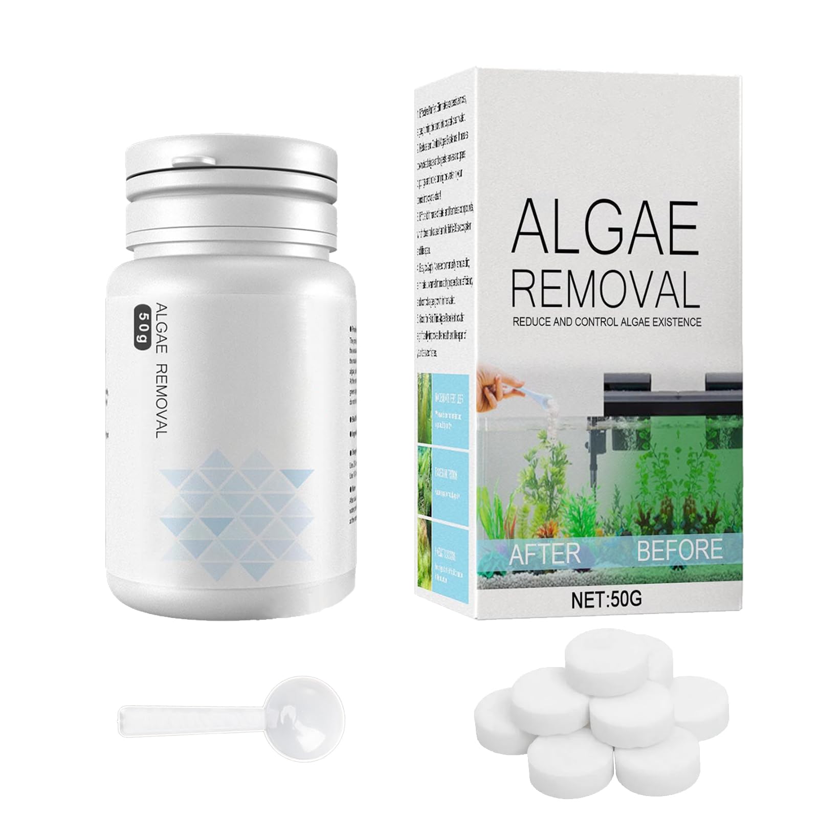 Fish Tank Algae Remover,Fish Tank Cleaner,50g Aquatic Algaecide with Spoon,Safe for Fish and Plants,Natural Aquarium Algae Treatment Clears Green Water and Moss for Clear Water,Healthy Environment