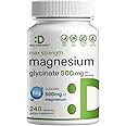 Max Strength Magnesium Glycinate 500mg Per Serving, 240 Capsules | Chelated, Highly Purified, Essential Mineral | Magnesium Supplement for Muscle, Joint, & Heart Health