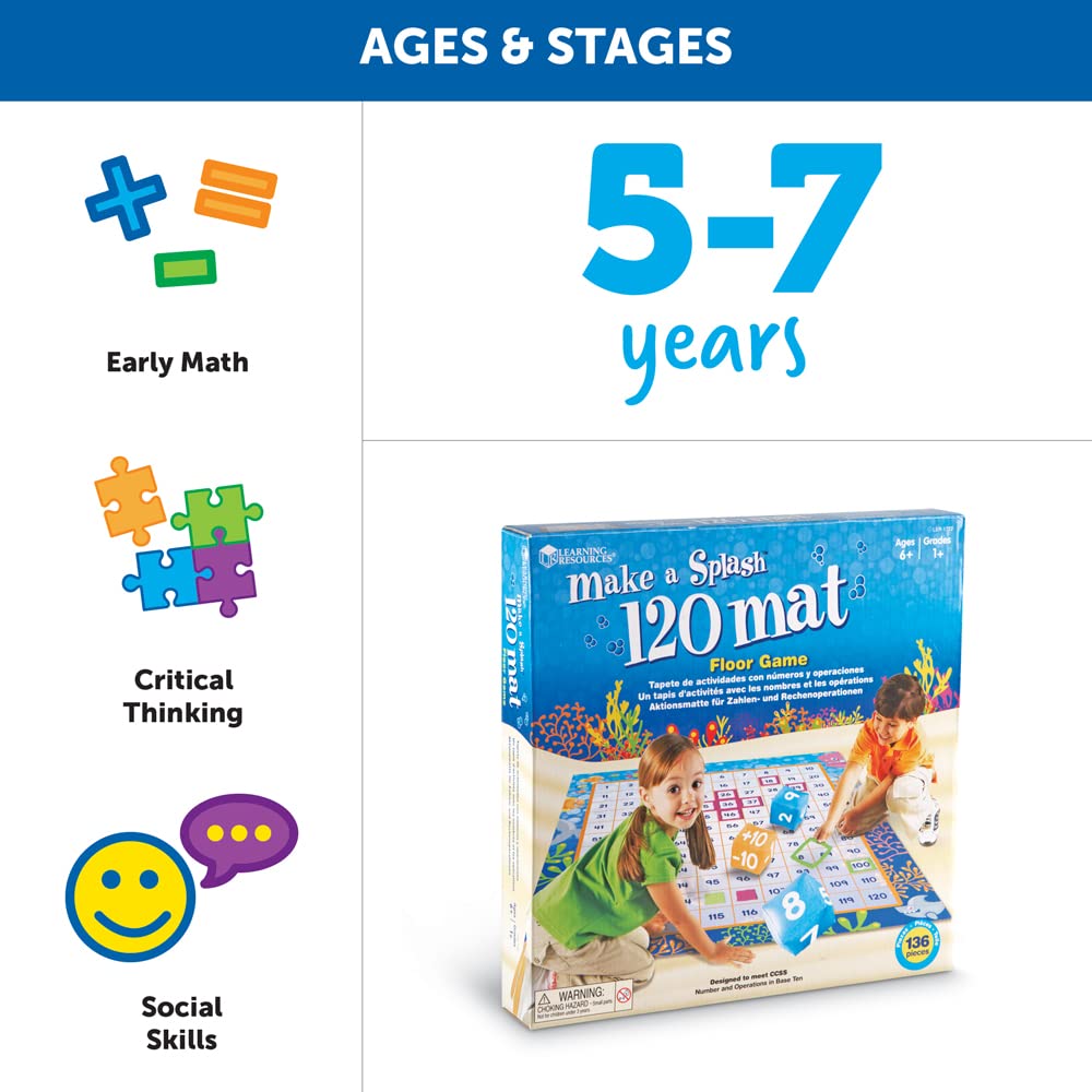 Learning Resources Make a Splash 120 Mat Floor Game - Math Manipulatives, Addition and Subtraction Board Games , Classroom Must Haves, Homeschool Supplies, Montessori Gifts for Boys and Girls