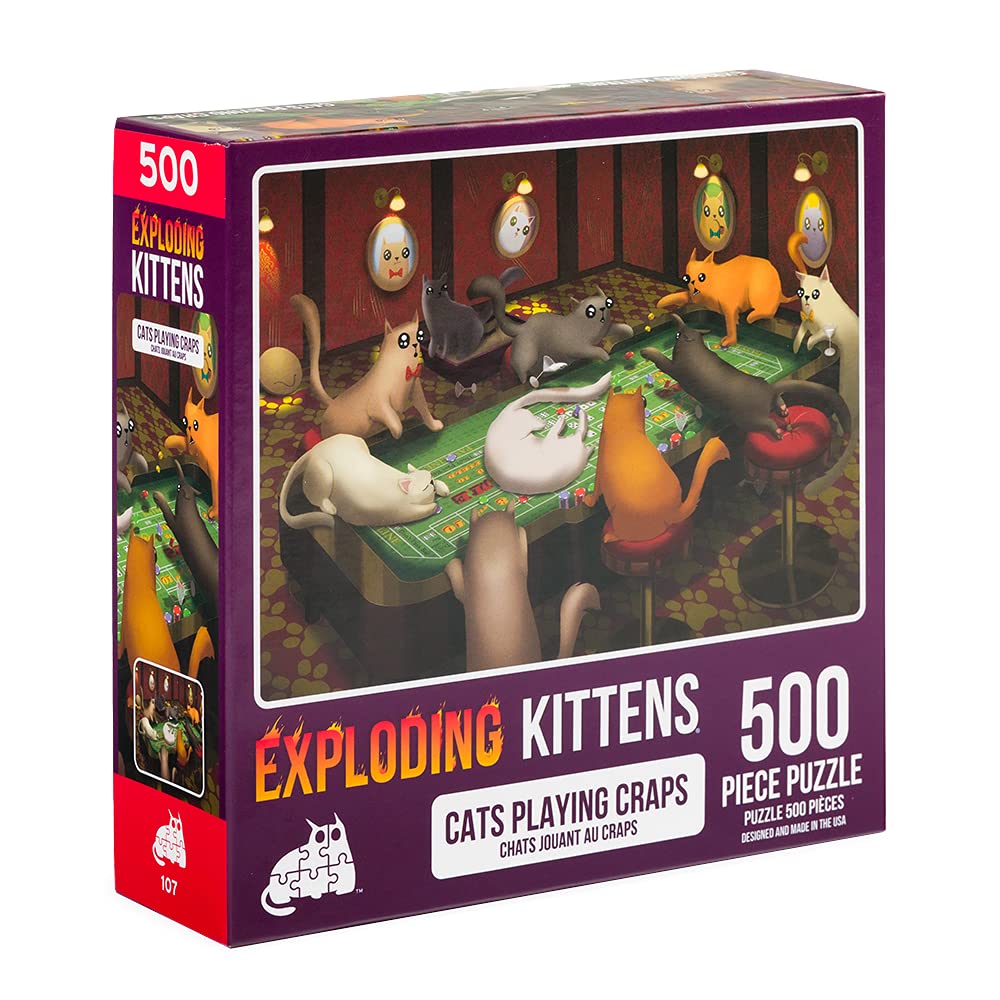 Cats Playing Craps Jigsaw Puzzle by Exploding Kittens - 500 Pieces, Ideal for Adults, Teens, and Kids - A Funny and Artistic Cat-Themed Puzzle