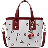 Alunsito Cherry Print Tote Bag Leather Shoulder Handbag Trendy Crossbody Bag with Cherry Pendant for Women