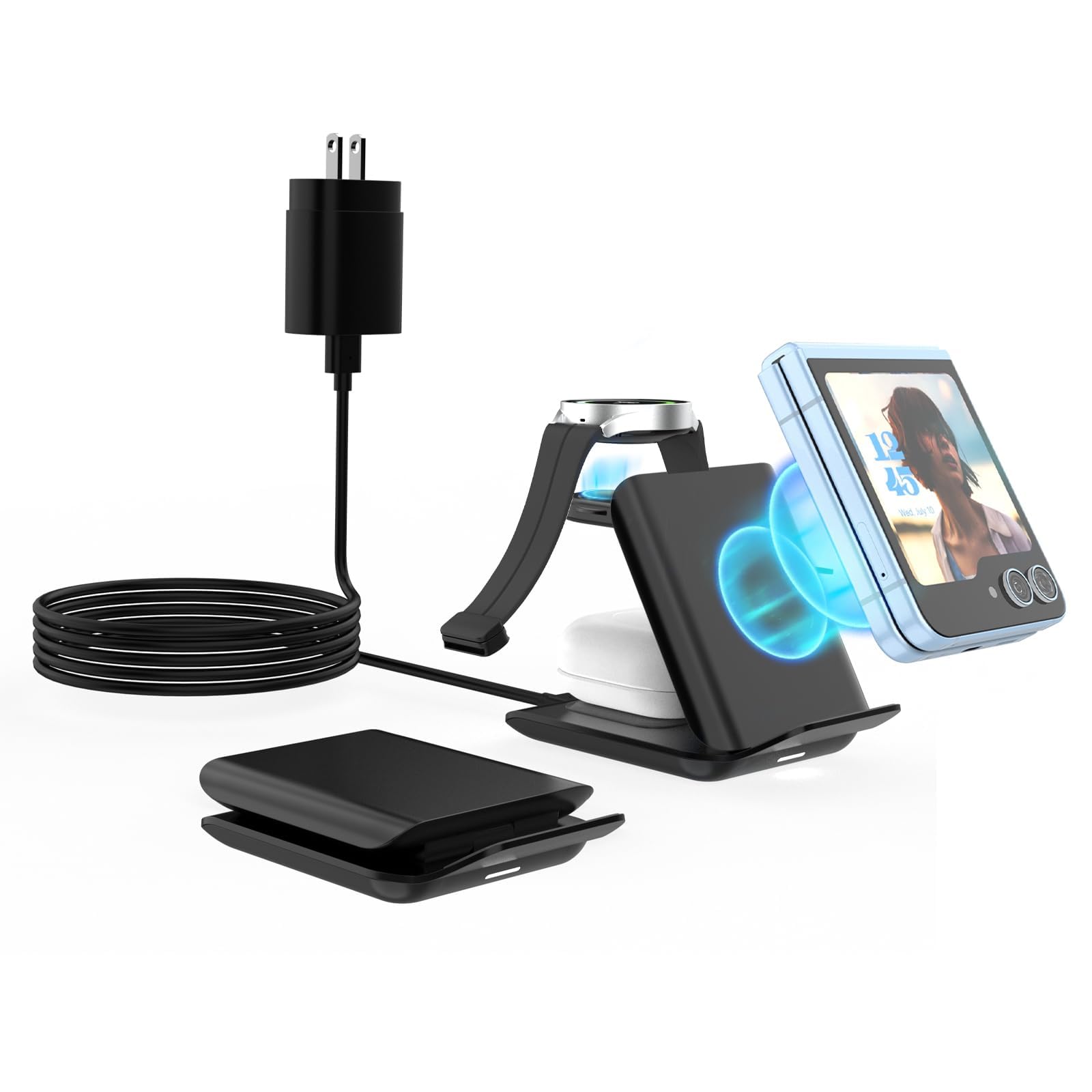 Wireless Charger for Samsung Galaxy Z Flip-3 in 1 Foldable 15W Fast Wireless Charging Stand, Portable Travel Charger Station for Galaxy Z Flip 7/6/5/4/3, Razr+, Galaxy Watch, Earphones, Black