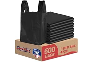 Fuxury 500 Count Plastic T-shirt Bags Black 11.5" x 6.5" x 21", Grocery, Trash, Take Out, To Go, Restaurants, Retail Shopping Bags in Bulk for Small Business (Made in USA)