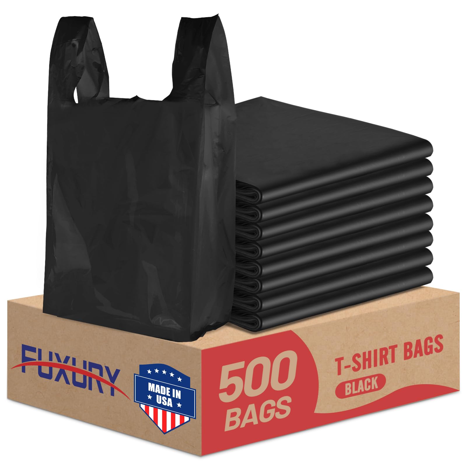 Photo 1 of Fuxury 500 Count Plastic T-shirt Bags Black 12" x 6.5" x 21", Grocery, Trash, Take Out, To Go, Restaurants, Retail Shopping Bags in Bulk for Small Business (Made in USA)