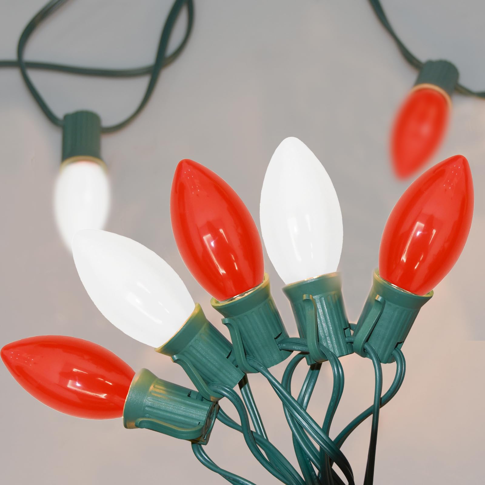 Photo 1 of SUNSGNE C9 LED Christmas Lights Outdoor, 25ft Vintage Christmas Lights with 27 LED Red White Plastic Bulbs(2 Spare) for Patio Home House Balcony Xmas Decor, Green Wire