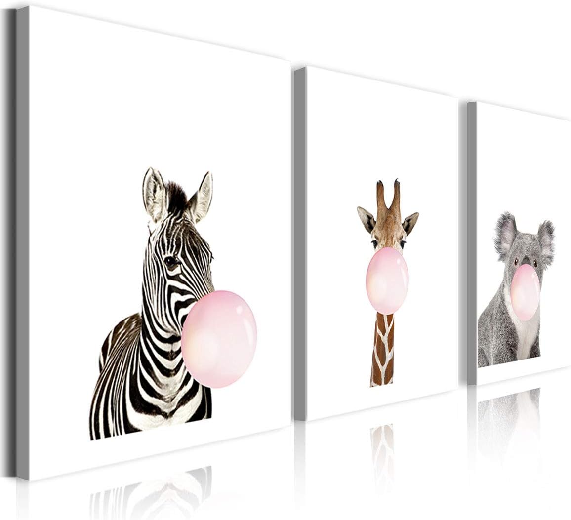 La Vie 3 Teilig Wandbild mit Rahmen Süße Zebra Giraffe Koala mit