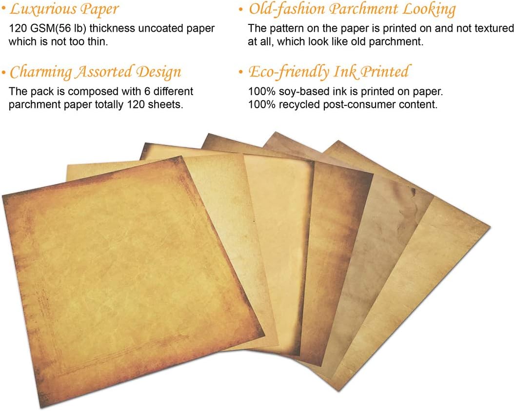 Stationery Paper - Old Fashion Aged Classic Antique & Vintage Assorted Design – Double-side Parchment Paper - Perfect for Certificate, Crafting, Invitations & other Art Projects - 8.5x11 Inches (120) : Office Products