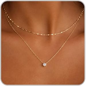 Patwes Dainty Layered Necklace for Women, Round Cubic Zirconia Pendant Necklace Set, 14K Gold Silver Plated Double Layer Chai
