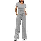 Ekouaer Women's 2 Piece Lounge Sets Ruched Short Sleeve Top and Wide Leg Pants Loungewear Tracksuit Sets with Pockets